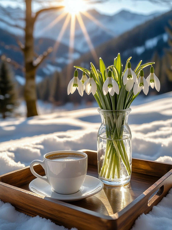Подснежники в банке рядом кружка кофе на природе весной снег