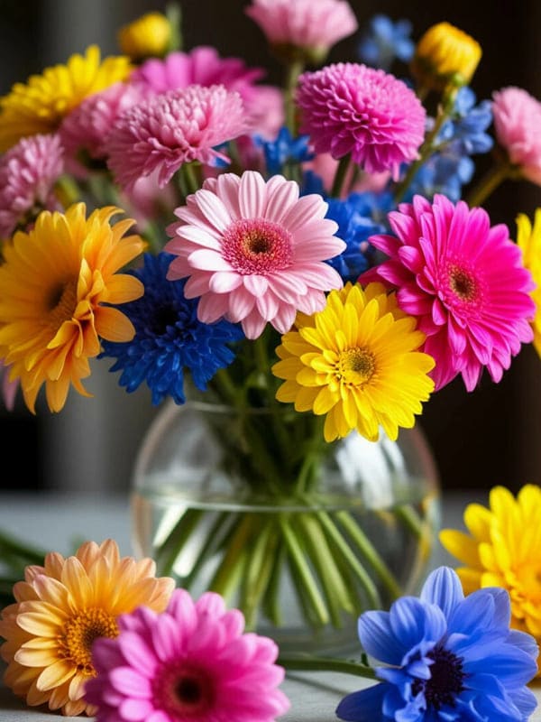 Разноцветные цветы в вазе красные жёлтые розовые