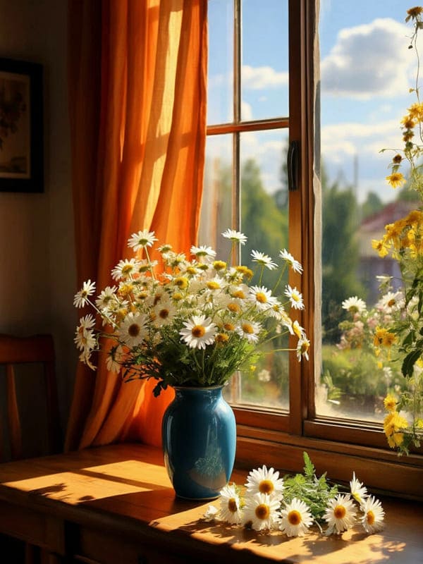 Ромашки стоят в вазе на подоконнике старого дома шторы и стул с картиной