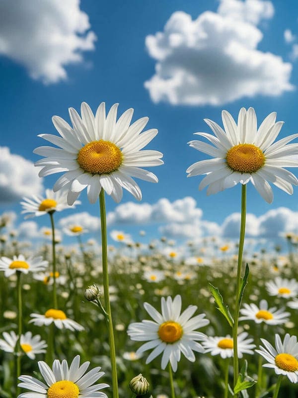 Картинка две ромашки в поле среди других ромашек синее небо и трава
