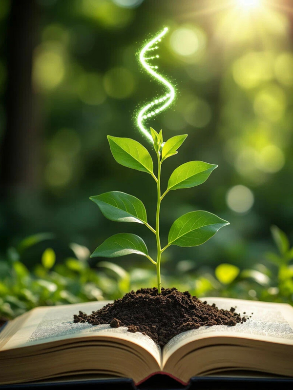 Зелёный росток растёт из земли на книге волшебство