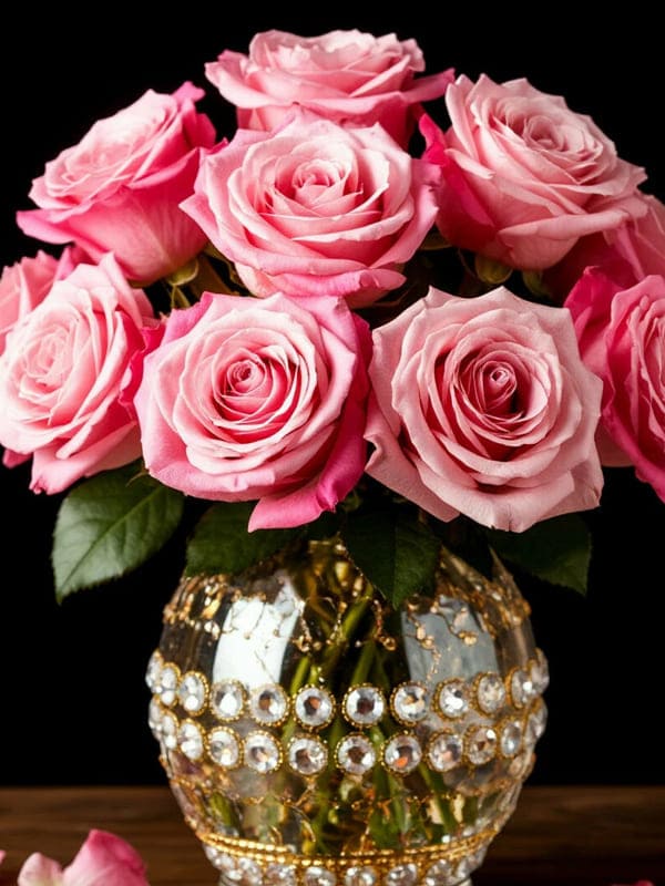 Красивые розы в стеклянной вазе с камнями