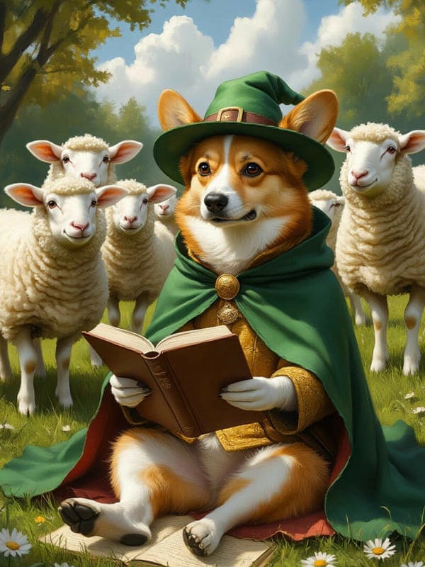 Пёс корги читает книгу овцам на полянке