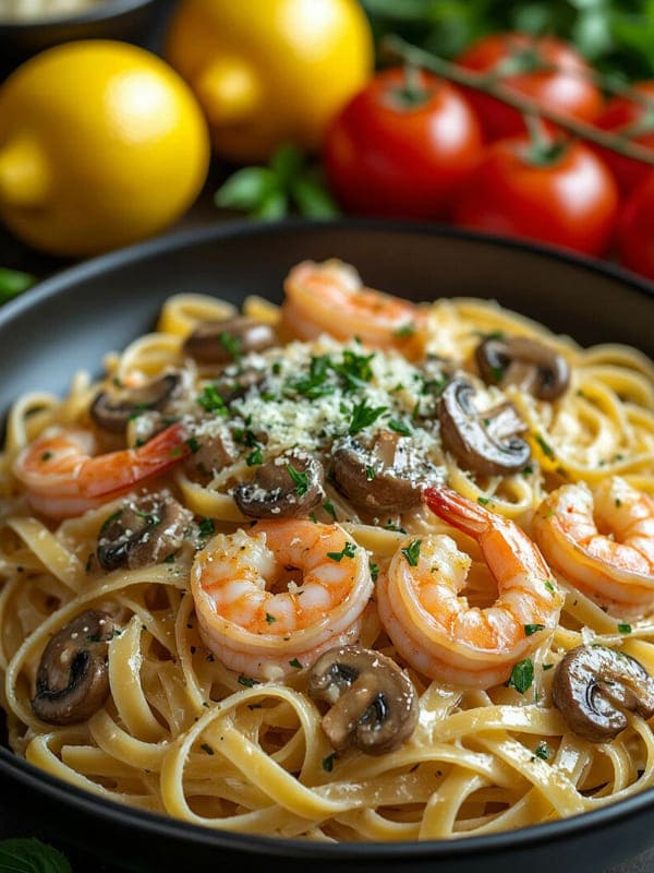 Длинные варенные спагетти с креветками в тарелке на кухне