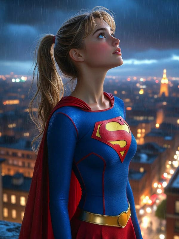 Девушка супергёрл смотрит вверх идёт дождик