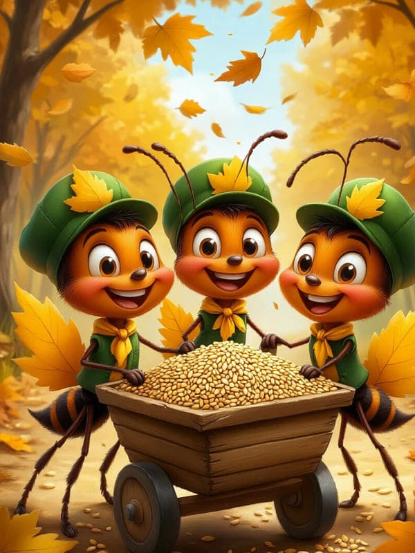 Три пчелы улыбаются иллюстрация в лесу тележка с зёрнами