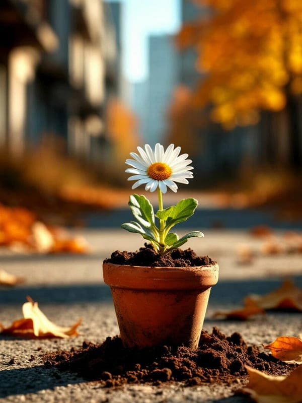Ромашка в горшке растёт по средине улицы города