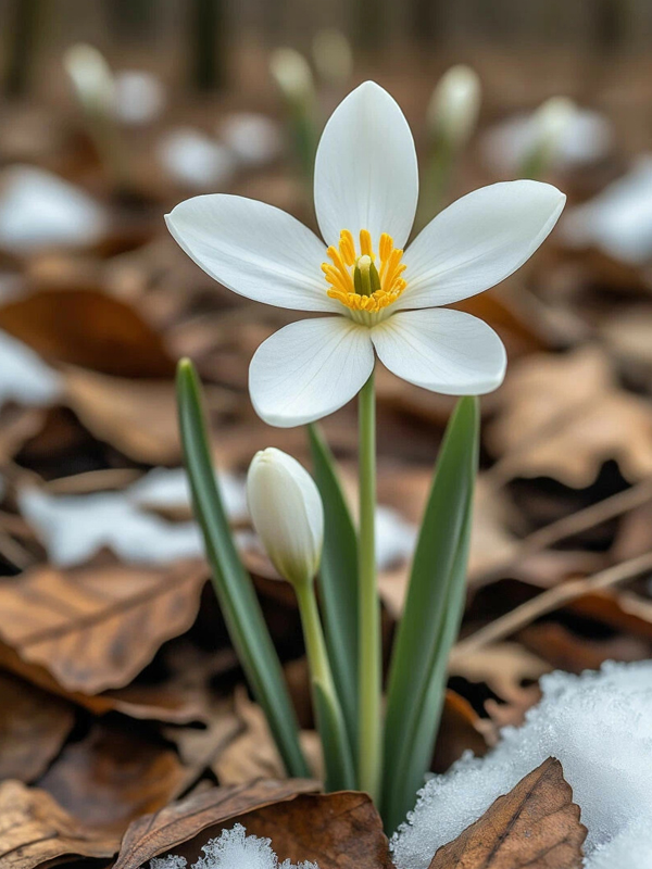 Красивый белый цветок на листве зимой весна