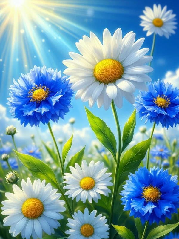 Яркая картинка ромашки белые и синие цветы летом на природе