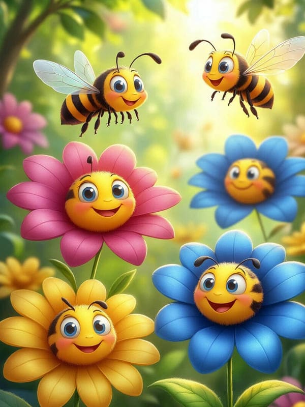 Разноцветные счастливые цветы смайлики и пчёлки летают вокруг