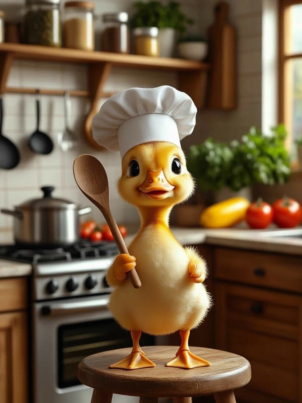 Милый повар жёлтый утёнок в колпаке и деревянной ложкой на кухне