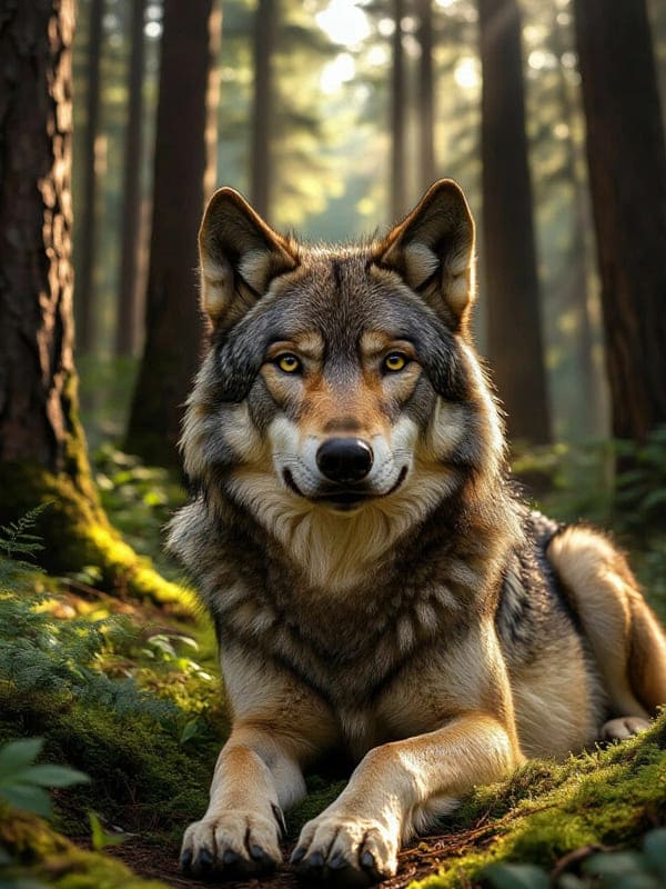 Картинка большого волка в лесу солнечный день