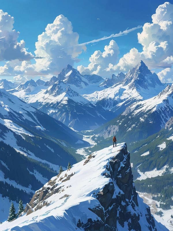 Высокие заснеженные горы небо и человек на вершине