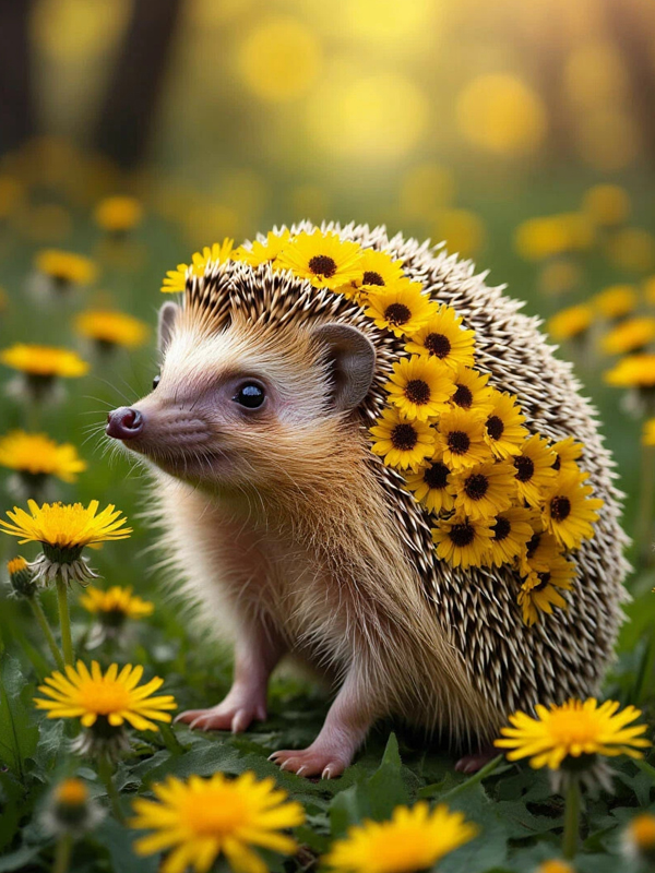 Милый ёжик с цветами жёлтыми на спине среди одуваньчиков
