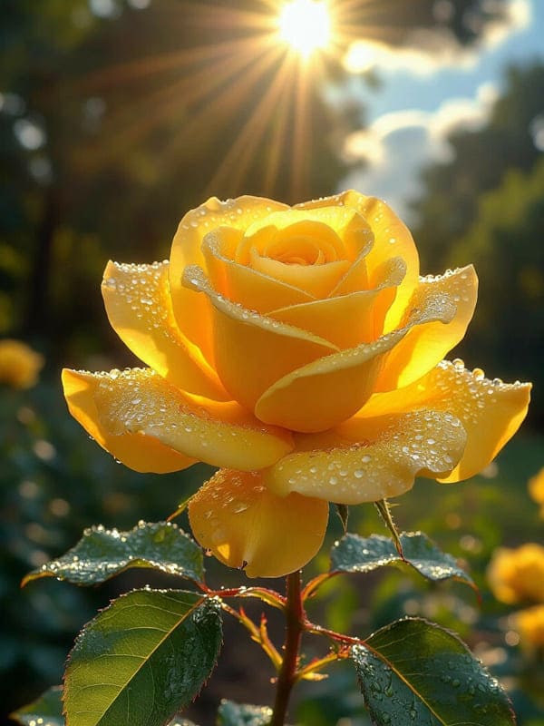 Жёлтая красивая роза на фоне лучей солнца летом
