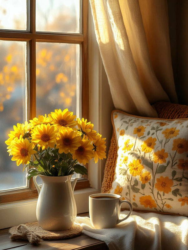 Жёлтые цветы у окна подушка и кружка белая с кофе