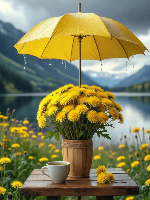 Жёлтый зонт воткан в цветы одуванчики на фоне большого озера