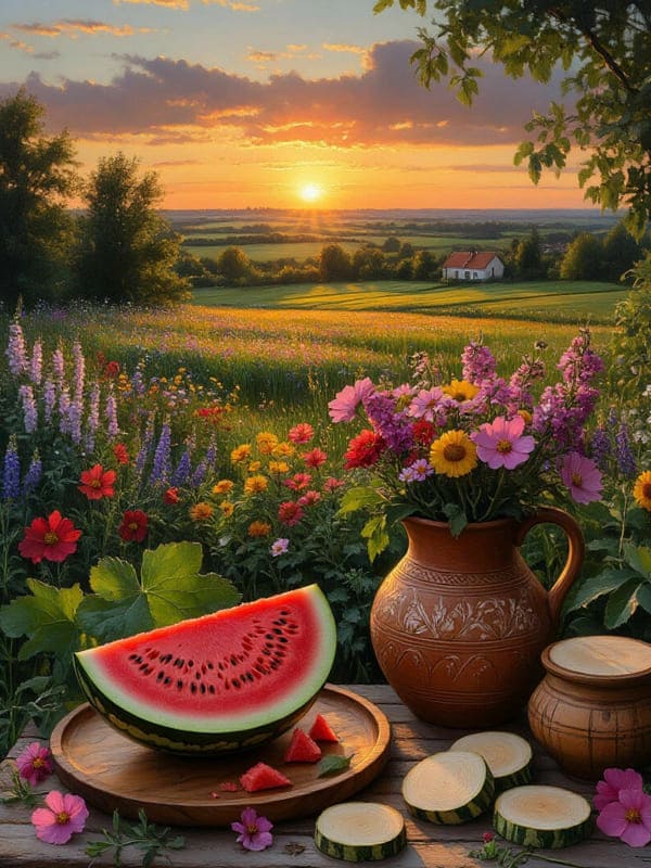 Арбуз лежит половинка рядом крынка с цветами на фоне заката дом вдалеке