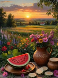 Сочный арбуз и цветы на фоне заката