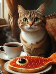 Кот с бутербродом ранним утром