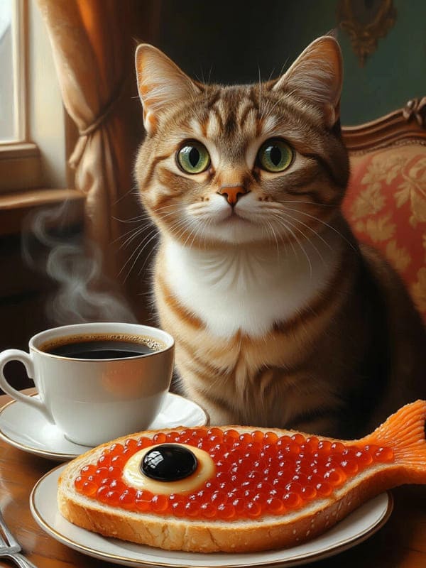 Иллюстрация кот утром с кружкой чая сидит за столом рядом бутерброд икра