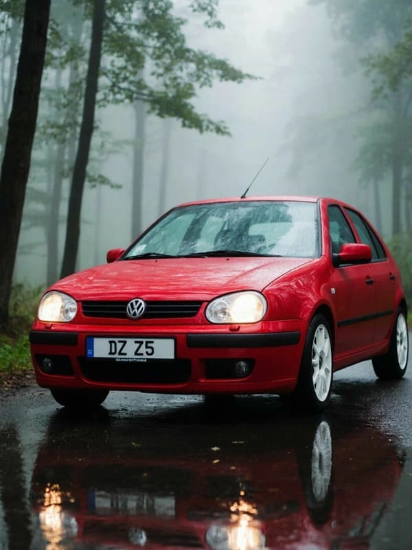 Красный красивый автомобиль фото в лесу на мокрой дороге