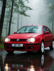 Красный автомобиль в туманном лесу