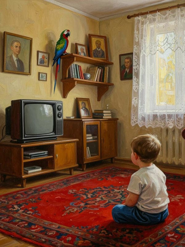 Мальчик сидит и смотрит на старый телевизор времен ссср