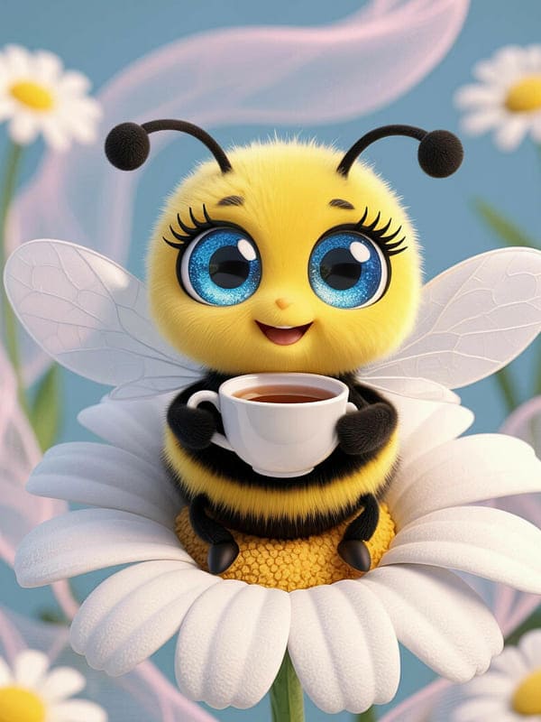 Милая пчёлка с чашкой чая в лапках на ромашке сидит