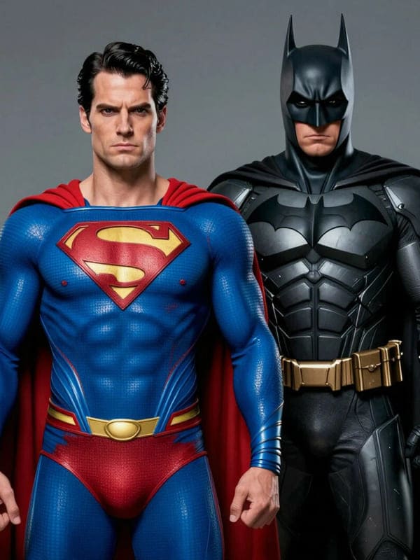 Персонажи супергерои супермен в синем костюме и бетмен