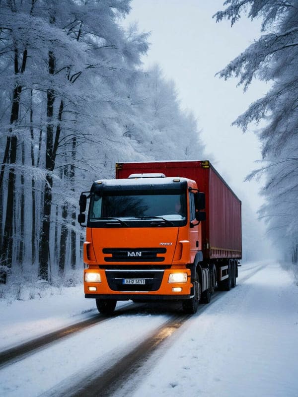 Большой автомобиль грузовик едет по снежной дороге