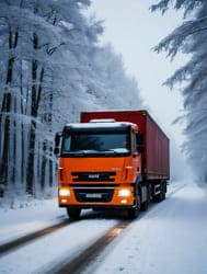 Большой оранжевый грузовик зимняя дорога